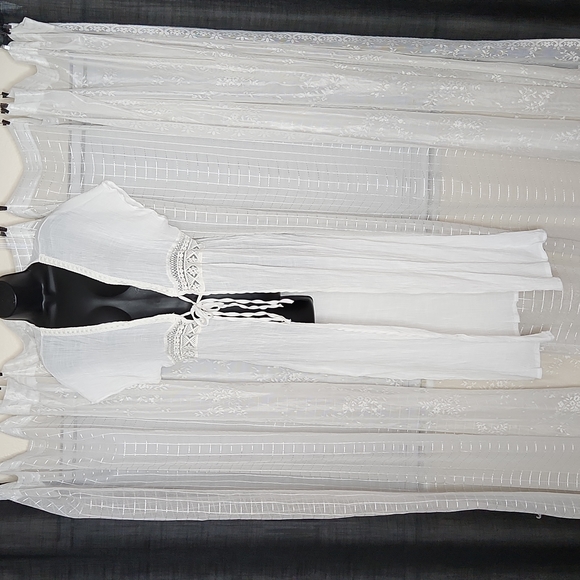 2/$25 or 3/$30 White Boho Maxi Length Kimono Cardigan Duster W/ Tie Front & Lace - Picture 1 of 7